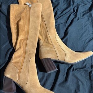Blondo Tan Suede Mid-Calf Block Heel Boots
